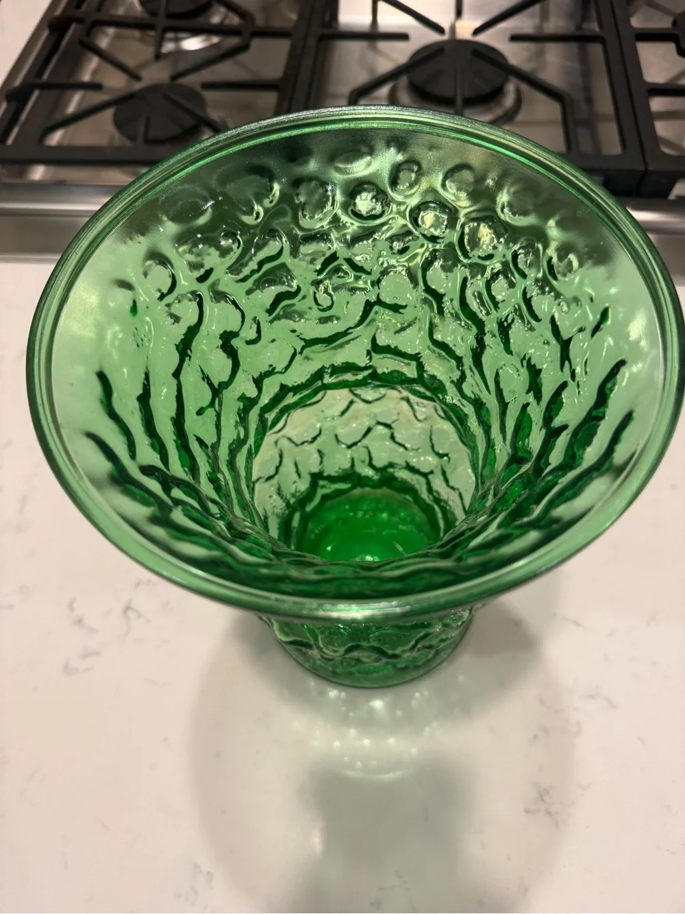 Emerald Green Textured Art Glass Pedestal Vase Heavy Pressed Glass– 10” Tall VTG